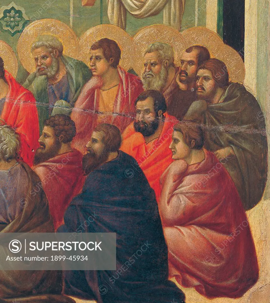 The Maesta, front, by Duccio di Buoninsegna, 1308 - 1311, 14th Century, tempera on panel. Italy. Tuscany. Siena. Cathedral. Verso, lower fascia, third panel, in the bottom. Christ Taking Leave of the Apostles, detail of apostles sitting, men most of them bearded with gold aureole/halo and bright color mantle/cloak