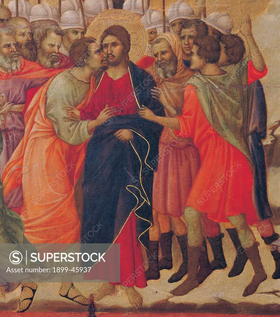 The Maesta, front, by Duccio di Buoninsegna, 1308 - 1311, 14th Century, tempera on panel. Italy: Tuscany: Siena: Cathedral. Verso, lower fascia, fourth panel at the top. Christ Taken Prisoner (The Kiss of Judas), detail. At the center Judas wearing sandals, kissing Jesus with red dress/garment and blue mantle/cloak, behind are soldiers.
