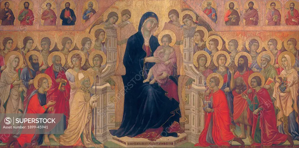 Military Parade at Campo di Marte, by Duccio di Buoninsegna, 1308 - 1311, 14th Century, tempera on panel, with gold ground. Italy. Tuscany. Siena. Cathedral. Front. The Virgin and the Child Jesus/Baby Jesus/Christ Child sitting on gothic throne, surrounded by angels and saints. Precious colors of blue, red and gold. Aureoles/halos in gilded pastiglia.