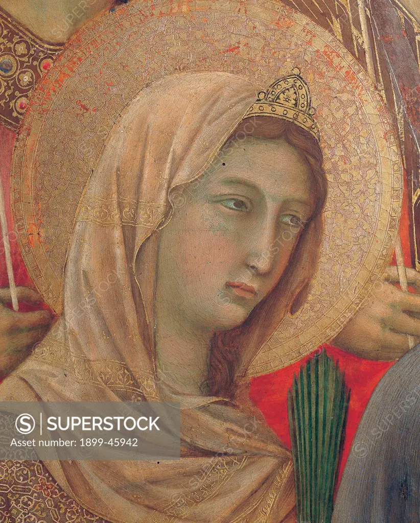 Military Parade at Campo di Marte, by Duccio di Buoninsegna, 1308 - 1311, 14th Century, tempera on panel, with gold ground. Italy. Tuscany. Siena. Cathedral. Front, main register. Detail of face of St.Catherine of Alexandria with veil and diadem, aureole/halo in gilded pastiglia.