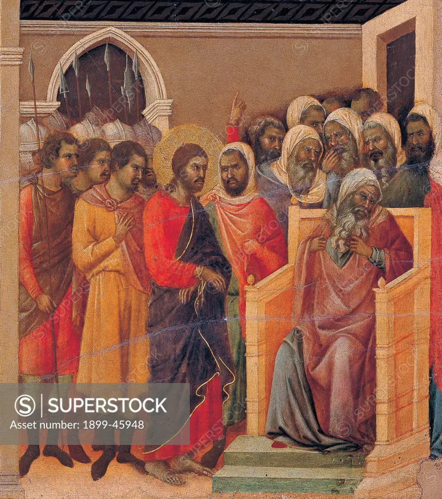 The Maesta, front, by Duccio di Buoninsegna, 1308 - 1311, 14th Century, tempera on panel. Italy. Tuscany. Siena. Cathedral. Verso, lower fascia, sixth panel in the bottom of Christ Before Caiaphas. Christ blindfolded, blue drape, tied wrists before Caiaphas.
