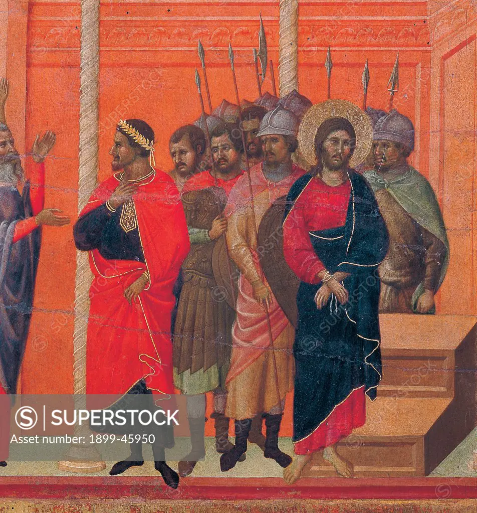 The Maesta, front, by Duccio di Buoninsegna, 1308 - 1311, 14th Century, tempera on panel. Italy. Tuscany. Siena. Cathedral. Verso, lower fascia, seventh panel at the top of Christ Accused by the Pharisees. Jesus with aureole/halo and tied wrists, escorted by soldiers armed with lances/spears. Columns and podium. Red background.
