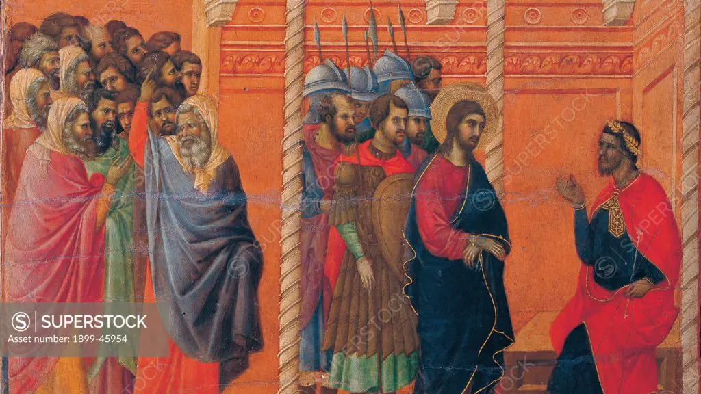 The Maesta, front, by Duccio di Buoninsegna, 1308 - 1311, 14th Century, tempera on panel. Italy. Tuscany. Siena. Cathedral. Verso, lower fascia, seventh panel in the bottom. Detail of Pilate's First Interrogation of Christ. Jesus with aureole/halo and tied hands, escorted by a group of soldiers with elm and lance. They stand before Pontius Pilate, sitting on podium on the right. Red background.