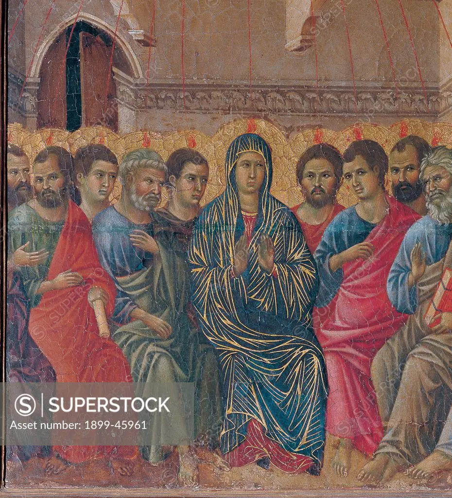 The Maesta, front, by Duccio di Buoninsegna, 1308 - 1311, 14th Century, tempera on panel. Italy. Tuscany. Siena. Cathedral. Verso cups. All of The Holy Ghost/Holy Spirit Descending. At the center the Virgin Mary. The apostles to the sides. Descent of the Holy Ghost/Holy Spirit as flame of fire on everybody. Figures sitting in a room.