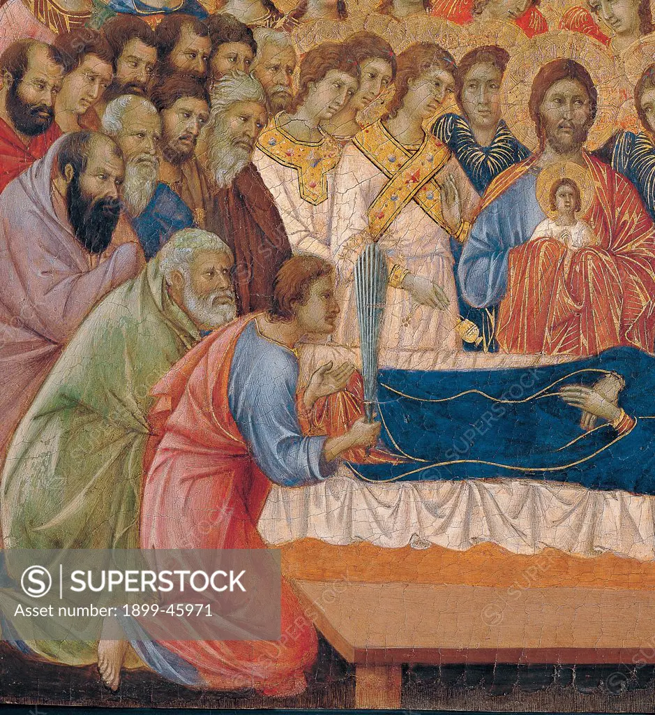 Military Parade at Campo di Marte, by Duccio di Buoninsegna, 1308 - 1311, 14th Century, tempera on panel, with gold ground. Italy. Tuscany. Siena. Cathedral. Front, cups, second panel from the right. Detail of Death of the Virgin. A line of saints and apostles at the foot of the bed on which Mary is lying, wrapped in her blue mantle/cloak. On the right the figure of Jesus, descended from sky to welcome the soul of his mother.