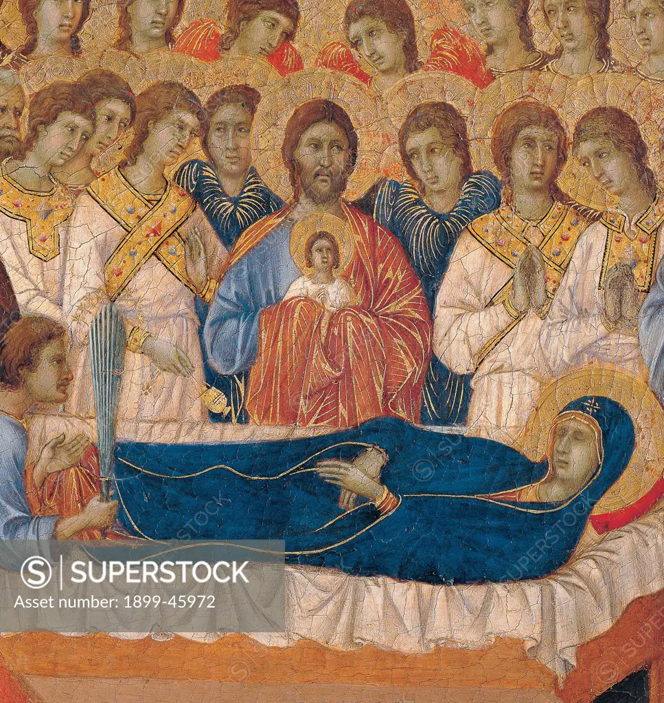 Military Parade at Campo di Marte, by Duccio di Buoninsegna, 1308 - 1311, 14th Century, tempera on panel, with gold ground. Italy. Tuscany. Siena. Cathedral. Front, cups, second panel from the right. Detail of Death of the Virgin. Maria, wrapped in her blue mantle/cloak, lying dead on the bed, surrounded by saints and apostles. At the center Jesus, descended from sky to welcome the soul of his mother.