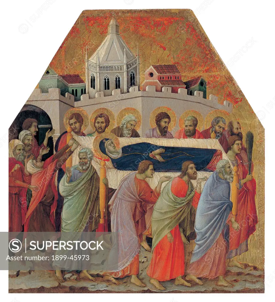 Military Parade at Campo di Marte, by Duccio di Buoninsegna, 1308 - 1311, 14th Century, tempera on panel, with gold ground. Italy. Tuscany. Siena. Cathedral. Front, cups. All of The funeral of the Virgin. Mary's body lying down on the baldachin carried by men and apostles. On the background is the city with walls.