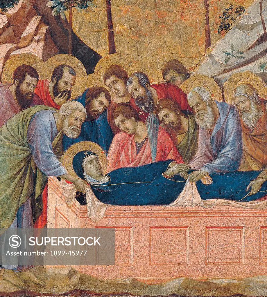 Military Parade at Campo di Marte, by Duccio di Buoninsegna, 1308 - 1311, 14th Century, tempera on panel, with gold ground. Italy. Tuscany. Siena. Cathedral. Front, cusps, first panel from the right. All of Burial of the Virgin. The apostles placing in the sepulcher the Mary's body with a shroud. On the background, foreshortened view of rocky hills and trees.