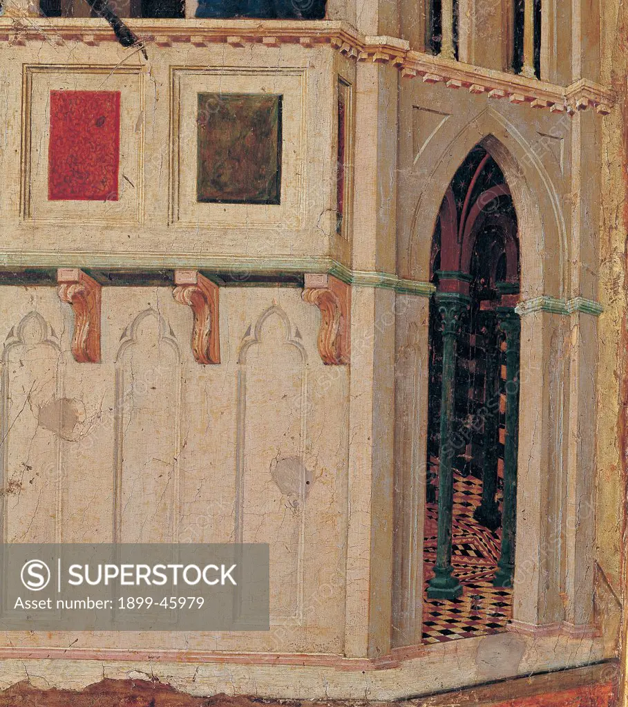 The Maesta, front, by Duccio di Buoninsegna, 1308 - 1311, 14th Century, tempera on panel. Italy. Tuscany. Siena. Cathedral. Verso, panel of the predella. Deatil of Temptation on the Temple. Architectural details, Gothic style building, which we can see the decorated interior.
