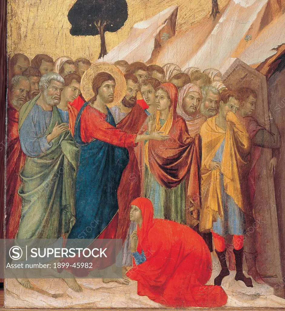 The Maesta, front, by Duccio di Buoninsegna, 1308 - 1311, 14th Century, tempera on panel. Italy. Tuscany. Siena. Cathedral. Verso, predella panel. All of Resurrection of Lazarus. Jesus with a gesture of his hand raises Lazarus from the dead. The man, wrapped in linen strips, comes out of the grave. Dialogue between Jesus and Martha. Mary falls down at Jesus' feet. Assistants remove with difficulty the stone of the sepulcher. The figures cover their face because of the odour emanating from the to