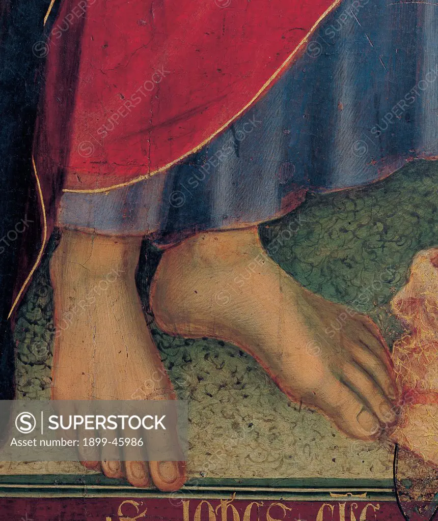 Military Parade at Campo di Marte, by Duccio di Buoninsegna, 1308 - 1311, 14th Century, tempera on panel, with gold ground. Italy. Tuscany. Siena. Cathedral. Front, main register. Detail of bare feet of St.John the Evangelist. The hem of blue dress/garment and red mantle/cloak. In the bottom, part of the inscription of the saint's name.