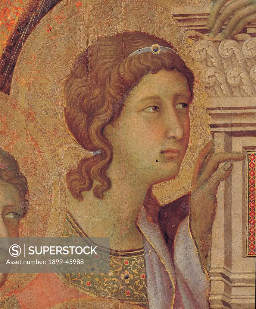 Military Parade at Campo di Marte, by Duccio di Buoninsegna, 1308 - 1311, 14th Century, tempera on panel, with gold ground. Italy. Tuscany. Siena. Cathedral. Front, main register. Detail of face of the angel to the left of the throne pillaret.