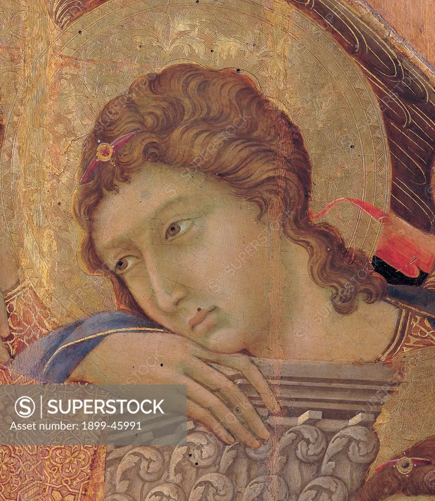 Military Parade at Campo di Marte, by Duccio di Buoninsegna, 1308 - 1311, 14th Century, tempera on panel, with gold ground. Italy. Tuscany. Siena. Cathedral. Front, main register. Detail of face of an angel holding on to the right leaf motif pillaret of the throne.