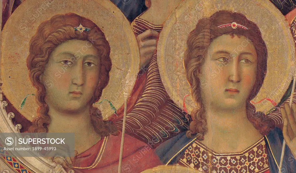 Military Parade at Campo di Marte, by Duccio di Buoninsegna, 1308 - 1311, 14th Century, tempera on panel, with gold ground. Italy. Tuscany. Siena. Cathedral. Front, main register. Detail of faces of angels wearing red and blue mantle/cloak to the right of the throne