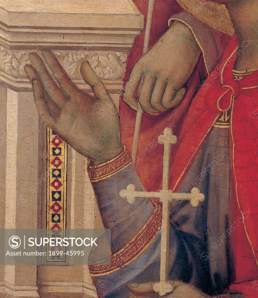 Military Parade at Campo di Marte, by Duccio di Buoninsegna, 1308 - 1311, 14th Century, tempera on panel, with gold ground. Italy. Tuscany. Siena. Cathedral. Front, main register. Detail of St.Crescentius' hands holding a cross. Red mantle/cloak and throne.