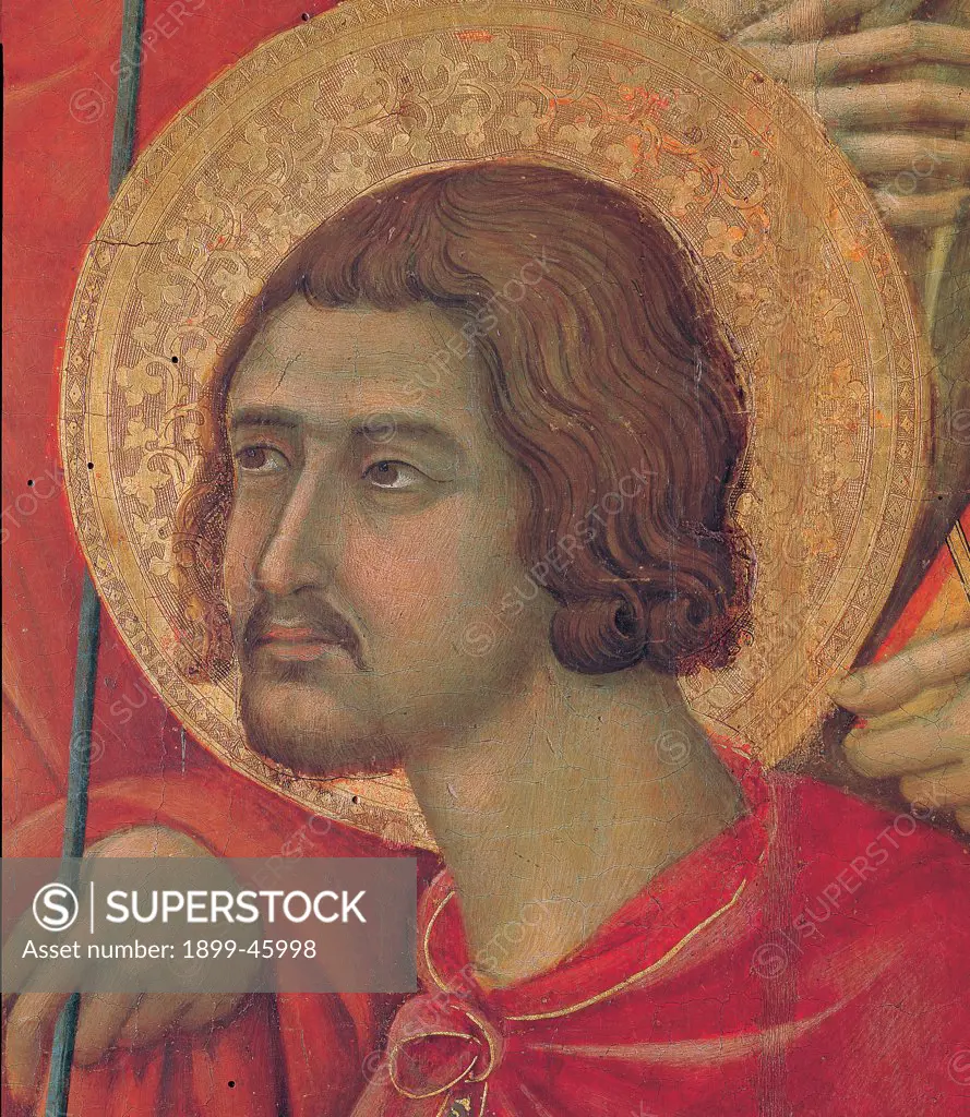 Military Parade at Campo di Marte, by Duccio di Buoninsegna, 1308 - 1311, 14th Century, tempera on panel, with gold ground. Italy. Tuscany. Siena. Cathedral. Front, main register. Detail of face of St.Victor with aureole/halo and red mantle/cloak.