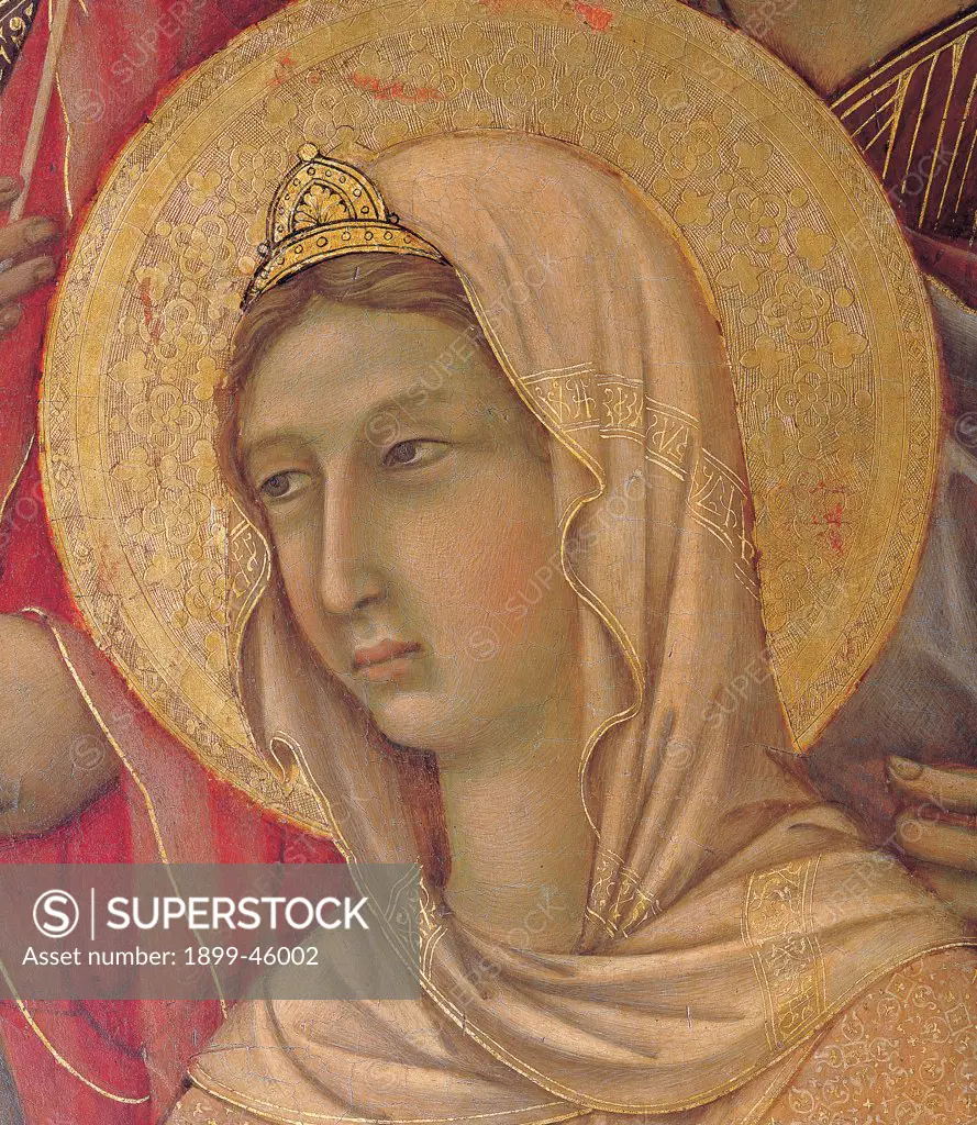 Military Parade at Campo di Marte, by Duccio di Buoninsegna, 1308 - 1311, 14th Century, tempera on panel, with gold ground. Italy. Tuscany. Siena. Cathedral. Front, main register. Detail of face of St.Agnes with veil and crown