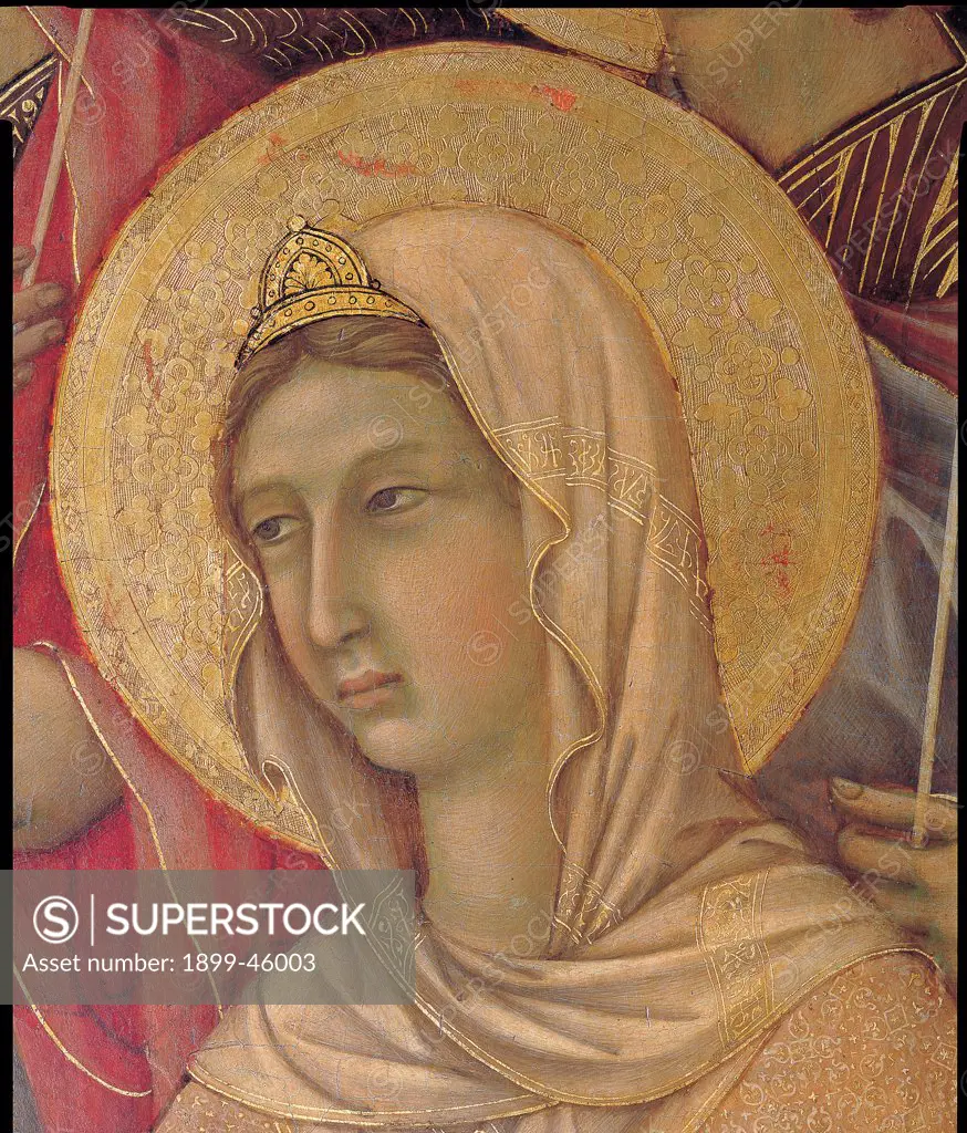 Military Parade at Campo di Marte, by Duccio di Buoninsegna, 1308 - 1311, 14th Century, tempera on panel, with gold ground. Italy. Tuscany. Siena. Cathedral. Front, main register. Detail of the face of St.Agnes with veil and crown on the head
