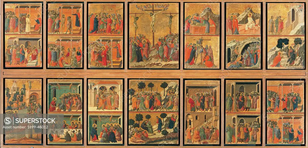 The Maesta, front, by Duccio di Buoninsegna, 1308 - 1311, 14th Century, tempera on panel. Italy. Tuscany. Siena. Cathedral. All, verso. Twenty-six episodes divided in two horizontal fascias depicting the most important events of the Christ Passion. Protagonists of Jesus, Mary, apostles, Pilate, Pharises, people of Jerusalem.
