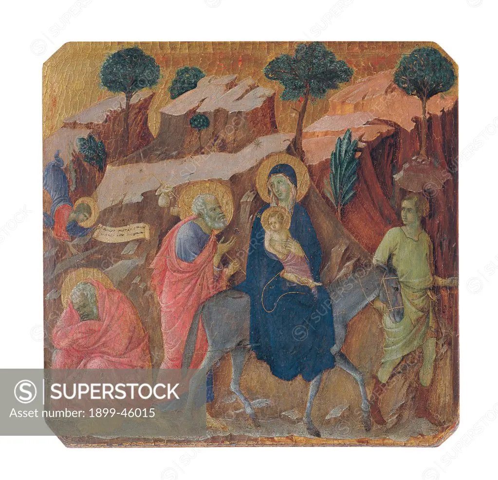 Military Parade at Campo di Marte, by Duccio di Buoninsegna, 1308 - 1311, 14th Century, tempera on panel, with gold ground. Italy. Tuscany. Siena. Cathedral. Front, predella panel. All of Flight into Egypt. On the left, an angel warns Joseph in a dream to escape. On the right, Mary and Jesus Baby Jesus/Christ Child/Child Jesus on donkey back drew by a servant. Behind, Joseph with a pack on shoulders. Rocky mountains and trees.