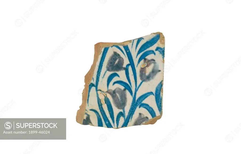 Hexagonal terracotta tile, by Spanish Work, 1493, 15th Century, stanniferous enamel, cobalt blue and manganese brown. Italy: Emilia Romagna: Ravenna: Faenza. Whole artwork. Blue, branches, tulips, leaves