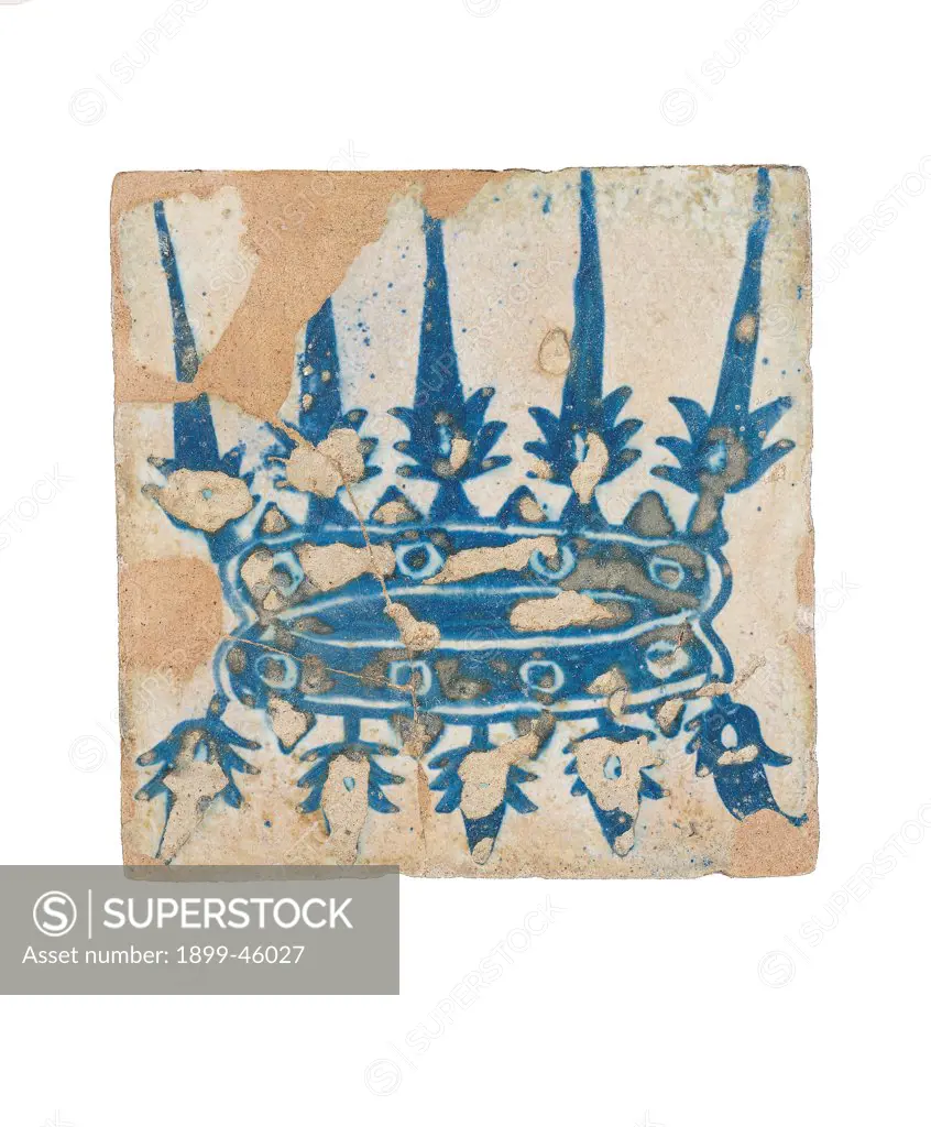 Square tile, by Rome workmanship, 1493 - 1495, 15th Century, stannifeorus enamel, cobalt and manganese. Italy: Lazio: Rome: National Museum of Castel Sant'Angelo: inv. n. 2/105. Whole artwork. Double crown, blue, coat of arms, squared.