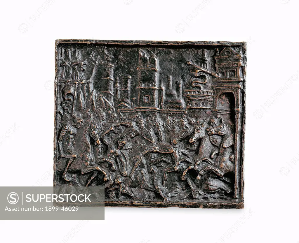 Battle at the Gate of a Town, by Briosco Andrea known as il Riccio, 1506 - 1507, 16th Century, bronze, natural brown patina, covered with black lacquer. Italy: Lazio: Rome: National Museum of Palazzo Venezia: inv. P.V. 10825. Whole artwork. Small plate relief battle fight crowd walls besieged city soldiers lance/spear banner horse men