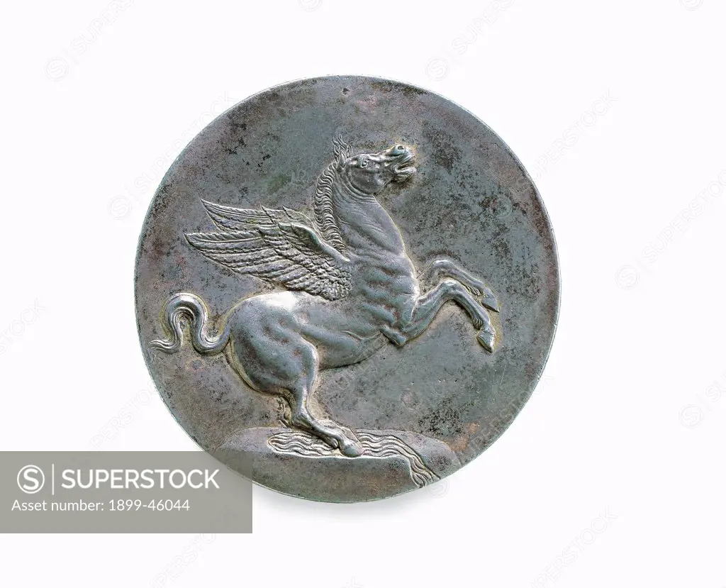 The medal of Pietro Bembo, by 16th Century Anonymous, 16th Century, Bronze. Italy: Tuscany: Florence: Bargello Museum: Inventario medaglie n. 6208. Whole of the reverse. Round medallion/coin winged horse Pegasus fountain of Hippocrene