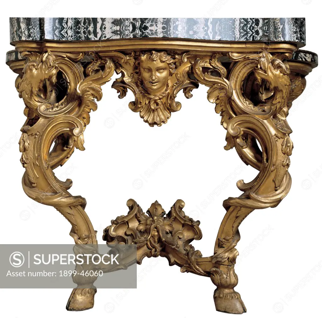 Wall table, by Rome workmanship, 18th Century, wood carved and gilded, top veneered and Aquitaine marble. Italy: Lazio: Rome: National Gallery of Ancient Art: Galleria Nazionale d'Arte Antica. Whole artwork. Console wall table gold marble racemes volutes decoration