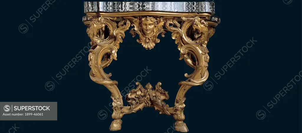 Wall table, by Rome workmanship, 18th Century, wood carved and gilded, top veneered and Aquitaine marble. Italy: Lazio: Rome: National Gallery of Ancient Art: Galleria Nazionale d'Arte Antica. Whole artwork. Console wall table gold marble racemes volutes decoration black background