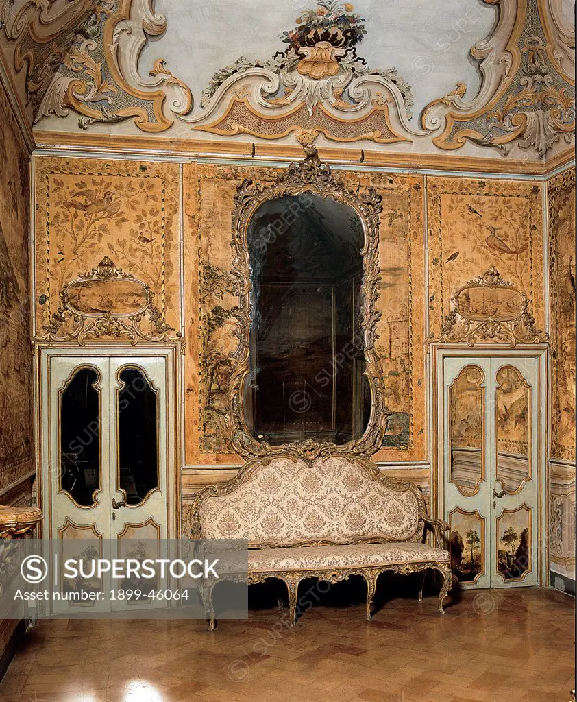 Palazzo Barberini of view of the Painted Silk Hall, by Unknown artist, 1763 - 1770, 18th Century, . Italy: Lazio: Rome: Palazzo Barberini: Eighteenth Appartament. Whole artwork. View Painted Silk Hall tapestries gold mirror sofa raceme holder volutes decorated