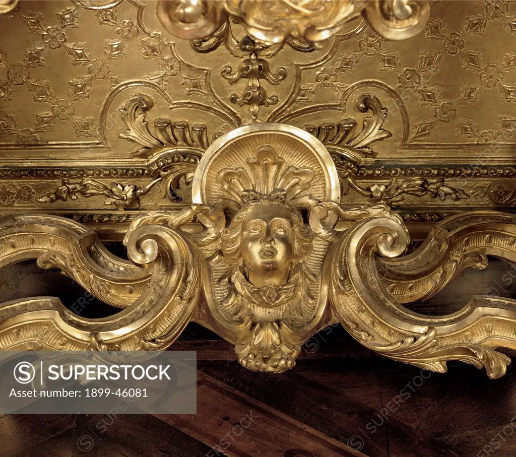 Wall table, by Piedmont Work, 1762, 18th Century, wood carved and gilded. Italy: Piemonte: Turin: Royal Palace. Detail. Wall table console table rinceaux volutes decoration gold face
