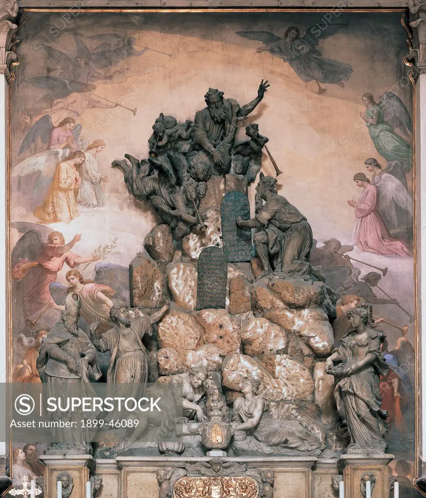 Sculptural unit of the high altar, by Merengo Enrico, 17th Century, . Italy: Veneto: Venice: San Moise Church. Whole artwork. Sculptural unit statue Moses man beard horns Twelve Tables angels God Father rock mountain