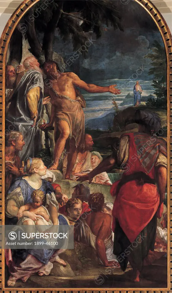 The Sermon of St John the Baptist and the Baptism of Jesus Christ, by Fumiani Giovanni Antonio, 1675, 17th Century, canvas. Italy: Veneto: Treviso: Vazzola: Archpriest's church. Whole artwork. Sermon Saint St John the Baptist fur/hide Baptism Jesus Christ bystanders/onlookers women men children lead-colored/overcast sky