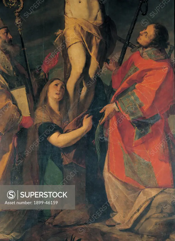 Crucifixion with St Ambrose, St Mary Magdalene and St Lawrence, by Crespi Giovan Battista known as Cerano, 1610, 17th Century, oil on panel. Italy: Lombardy: Pavia: Mortara: San Lorenzo Cathedral. Detail. Woman saint St Mary Magdalene long hair despair St Lawrence holy vestments dalmatic red feet cross Jesus Christ chiaroscuro