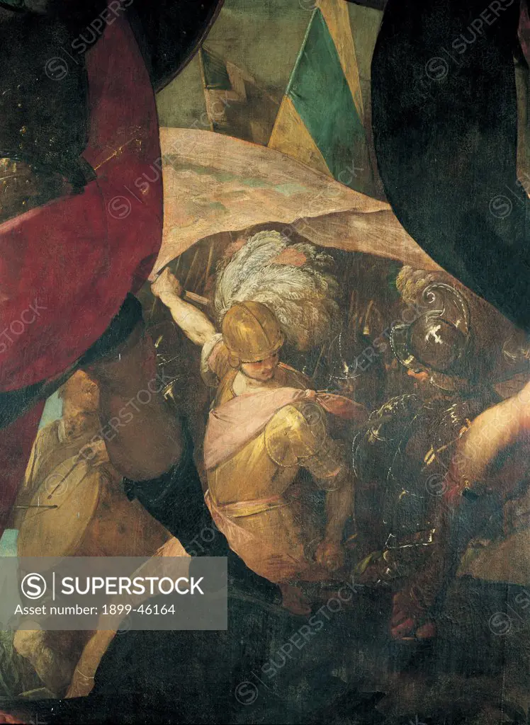 Disobedience of Jonathan, by Crespi Giovan Battista known as Cerano, 1618, 17th Century, oil on canvas. Italy: Lombardy: Milan: San Raffaele church. Detail. Central figure soldiers warriors helmet cuirass yellow gold flag standard/banner plumes drum