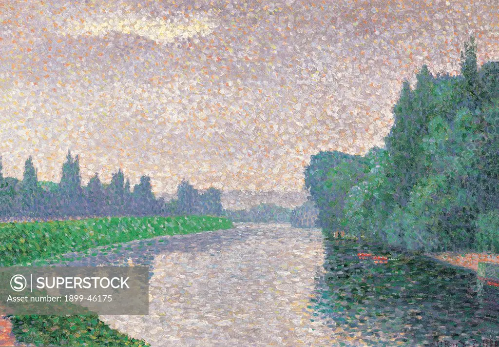 Banks of the River, by Signac Paul, 19th Century, oil on canvas. France: Ile de France: Paris: Musee d'Orsay. Whole artwork. Banks of the river green trees grey bank water plants forest wood