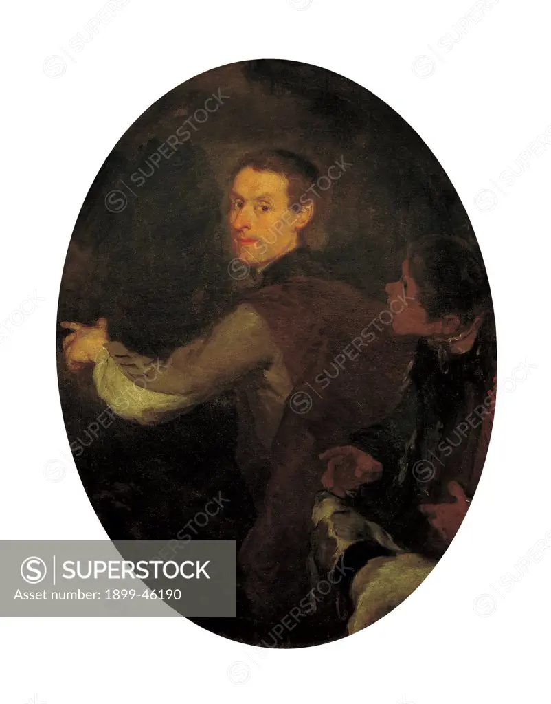 Self-portrait, by Bazzani Giuseppe, 1740 - 1750, 18th Century, oil on canvas. Private collection. Whole artwork. Man turning. He wears earth-tone clothes and a white shirt. Another man can be seen in a dim light on the right side of the painting and, below, the head of a dog with a black collar. The painter's face and arm are brightened up by light. Monochrome background