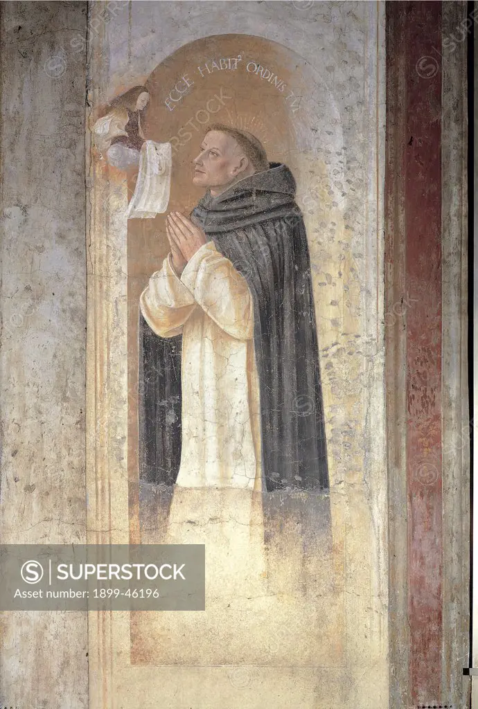 Blessed Reginald of Orleans (Dominican Saint), by Butinone Bernardino, 1450 - 1507,, fresco. Italy: Lombardy: Milan: Santa Maria delle Grazie Church. Blessed Reginald of Orleans Dominican saint white habit black cloak/mantle tonsure joined hands gestures prayer mock recess architectural writing