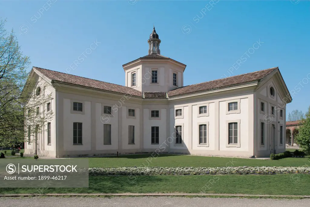 Church of San Michele ai Nuovi Sepolcri, by Unknown artist, 1713 - 1725, 18th Century, . Italy: Lombardy: Milan: San Michele ai Sepolcri Nuovi church: via Besana. Whole artwork. View of side of church transept Latin Cross tiburium dome pilaster strips windows