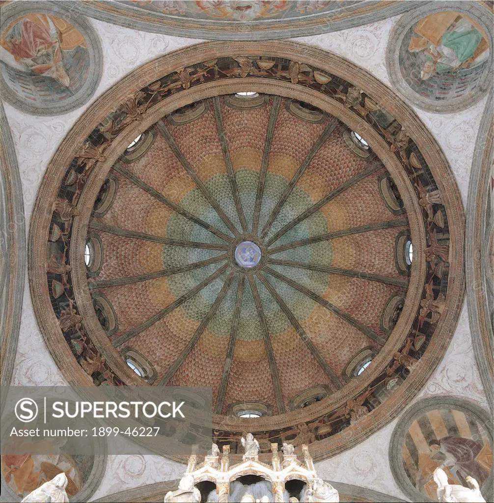 The Portinari Chapel in the Curch of Sant'Eustorgio, Milan, by Unknown artist, 1465 - 1468, 15th Century, . Italy: Lombardy: Milan: Sant'Eustorgio Church: Portinari Chapel. Upward view dome fresco wall decoration moldings decorative frieze with dancing women tied by ribbon arches porch/portico spandrels oculi with the Evangelists St Luke St Matthew St Mark St John