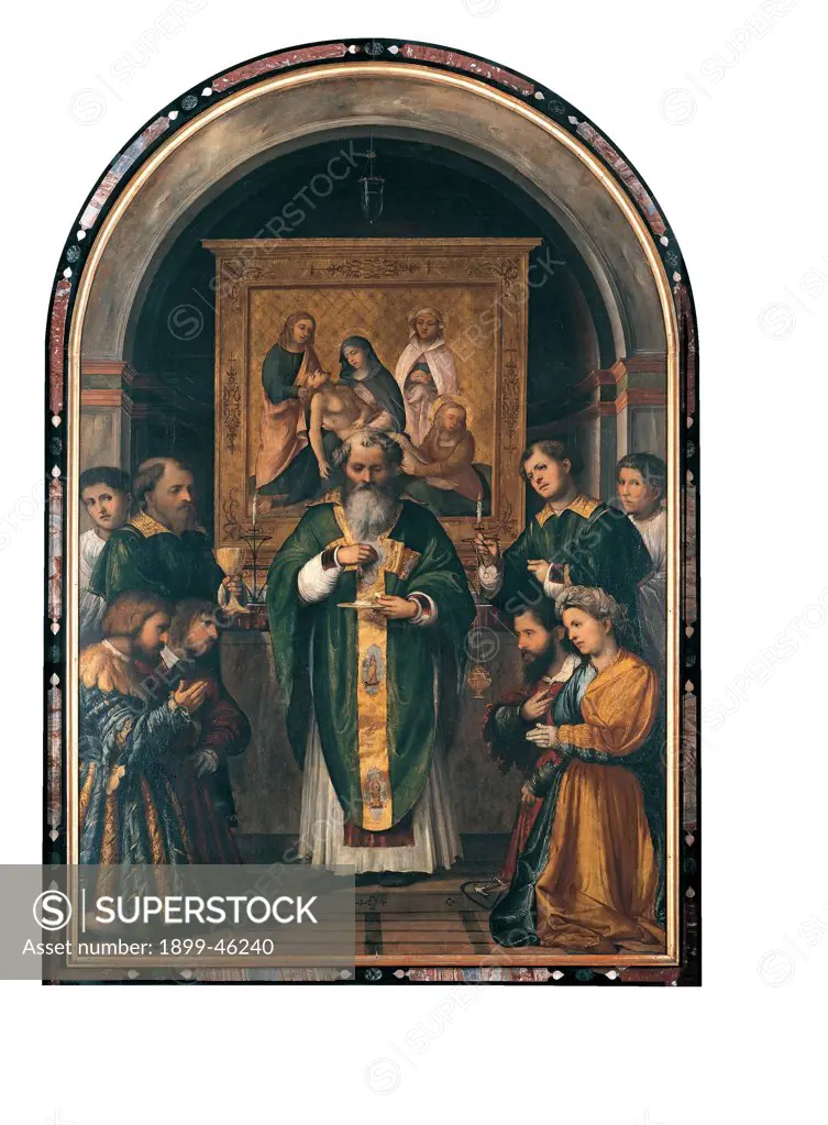 The Mass of St Apollonius, by Romani Girolamo known as Romanino, 16th Century, canvas. Italy: Lombardy: Brescia: Santa Maria in Calchera church. Whole artwork. The Mass of St Apollonius chalice altarpiece altar church interior blessing host/wafer kneeling people candles thurible/censer deposition