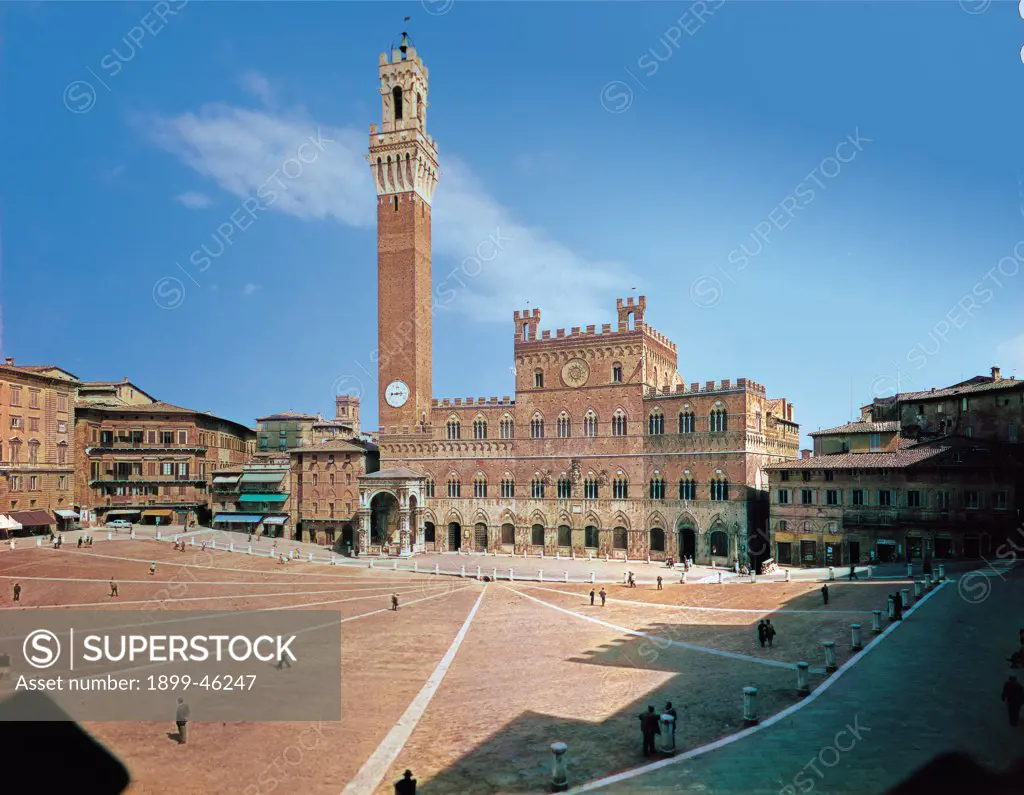 Piazza del Campo, Siena, by Unknown artist, Unknow, . Italy: Tuscany: Siena: Piazza del Campo. View Piazza del Campo Siena Palazzo Pubblico market Palio Mangia Tower