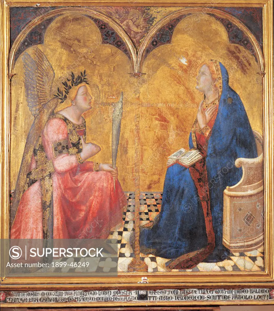Annunciation, by Lorenzetti Ambrogio, 1344, 14th Century, panel. Italy: Tuscany: Siena: National Gallery of Art. Whole artwork. The Annunciation Virgin Mary sitting angel palm crown of laurel wings two-lights window small twisted/spiral column floor gold book mantle/cloak blue