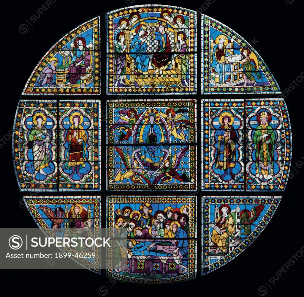 Window, by Duccio di Buoninsegna, 1287 - 1288, 13th Century, . Italy: Tuscany: Siena: Cathedral: Cathedral Santa Maria Assunta. Whole artwork. Stained-glass window of Our Lady of the Assumption Saints incoronation Evangelists death Virgin Mary light blue/azure red yellow