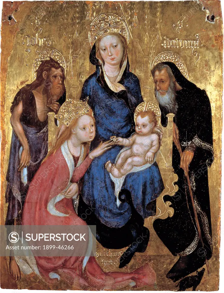 Mystical Marriage of St Catherine of Alessandria, by Michelino da Besozzo, 1420, 15th Century, tempera on panel. Italy: Tuscany: Siena: National Gallery of Art. Whole artwork. Virgin Madonna Mary Child Jesus/Baby Jesus/Christ Child golden throne gold background blue black red mantle/cloak mystical marriage st Catherine crown ring saints John Baptist fur hermit scroll Anthony stick
