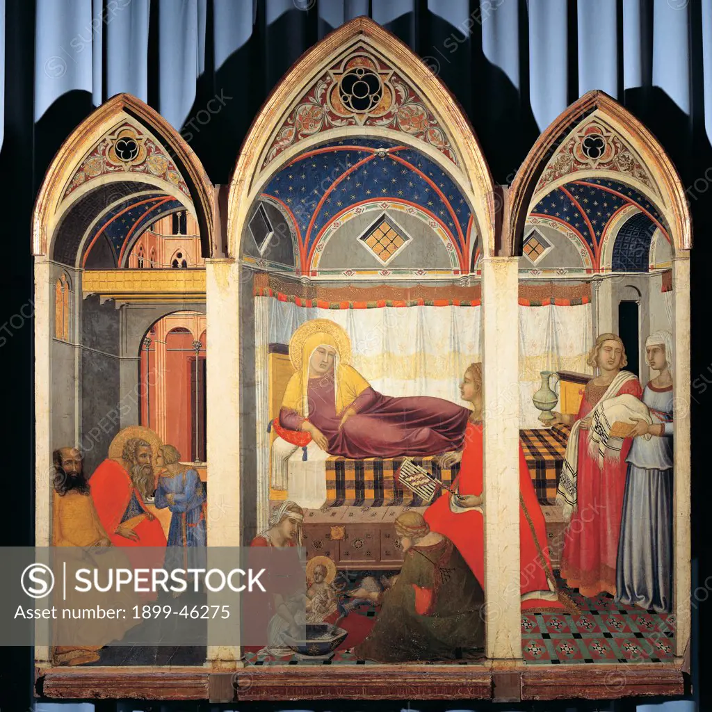 Birth of the Virgin Mary, by Lorenzetti Pietro, 1342, 16th Century, tempera on panel. Italy: Tuscany: Siena: Cathedral. Whole artwork. Virgin Mary Nativity room bedroom water basin canopy covered water pitcher