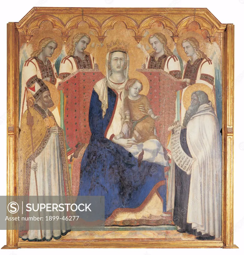 Carmine Altarpiece, by Lorenzetti Pietro, 1329, 14th Century, panel. Italy: Tuscany: Siena: National Gallery of Art. Whole artwork. Carmine Altarpiece Virgin Mary sitting angel crown wings gold parchment crosier/pastoral staff throne cartouche blue mantle/cloak