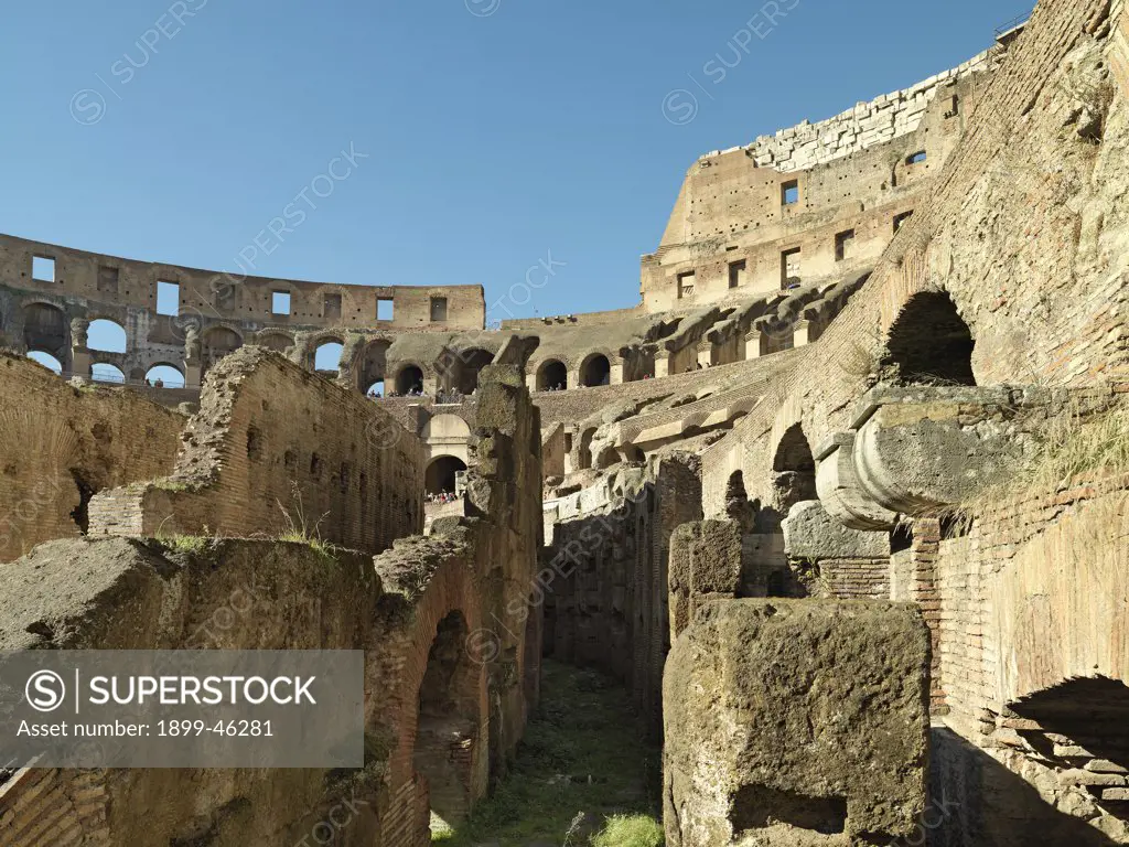 Flavian Amphitheatre or Coliseum in Rome, by Unknown artist, 79 - 80, 1st Century, brick and travertine stone. Italy: Lazio: Rome: Coliseum. Detail. Bricks structure subterranean sector walls