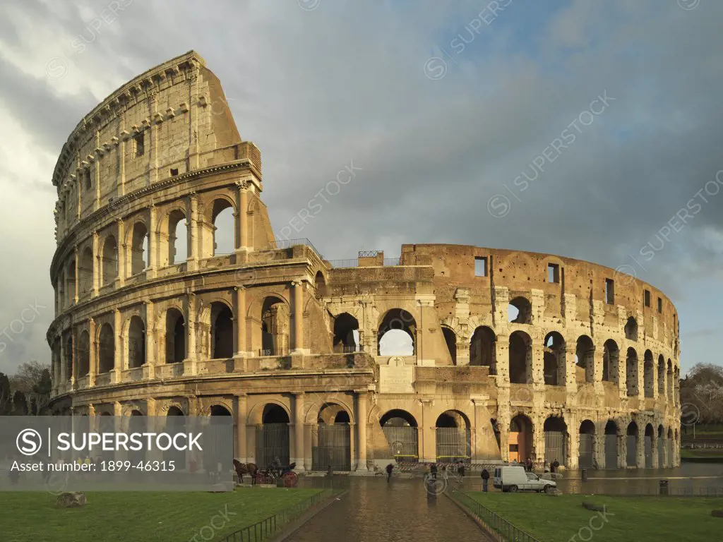 Flavian Amphitheatre or Coliseum in Rome, by Unknown artist, 79 - 80, 1st Century, brick and travertine stone. Italy: Lazio: Rome: Coliseum. View exterior Coliseum arches Flavian amphitheatre